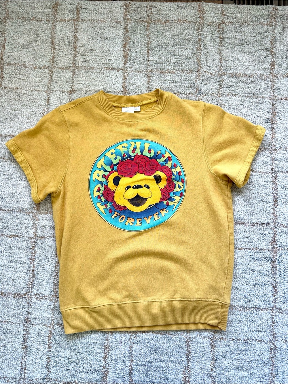 Grateful Dead Mustard Short-Sleeve Sweatshirt with Colorful Bear Graphic